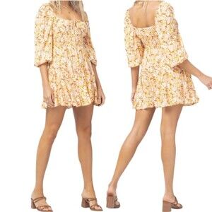 NWT L*Space Cassidy Long Sleeve Flowy Peasant Dress Yellow Floral Small NEW